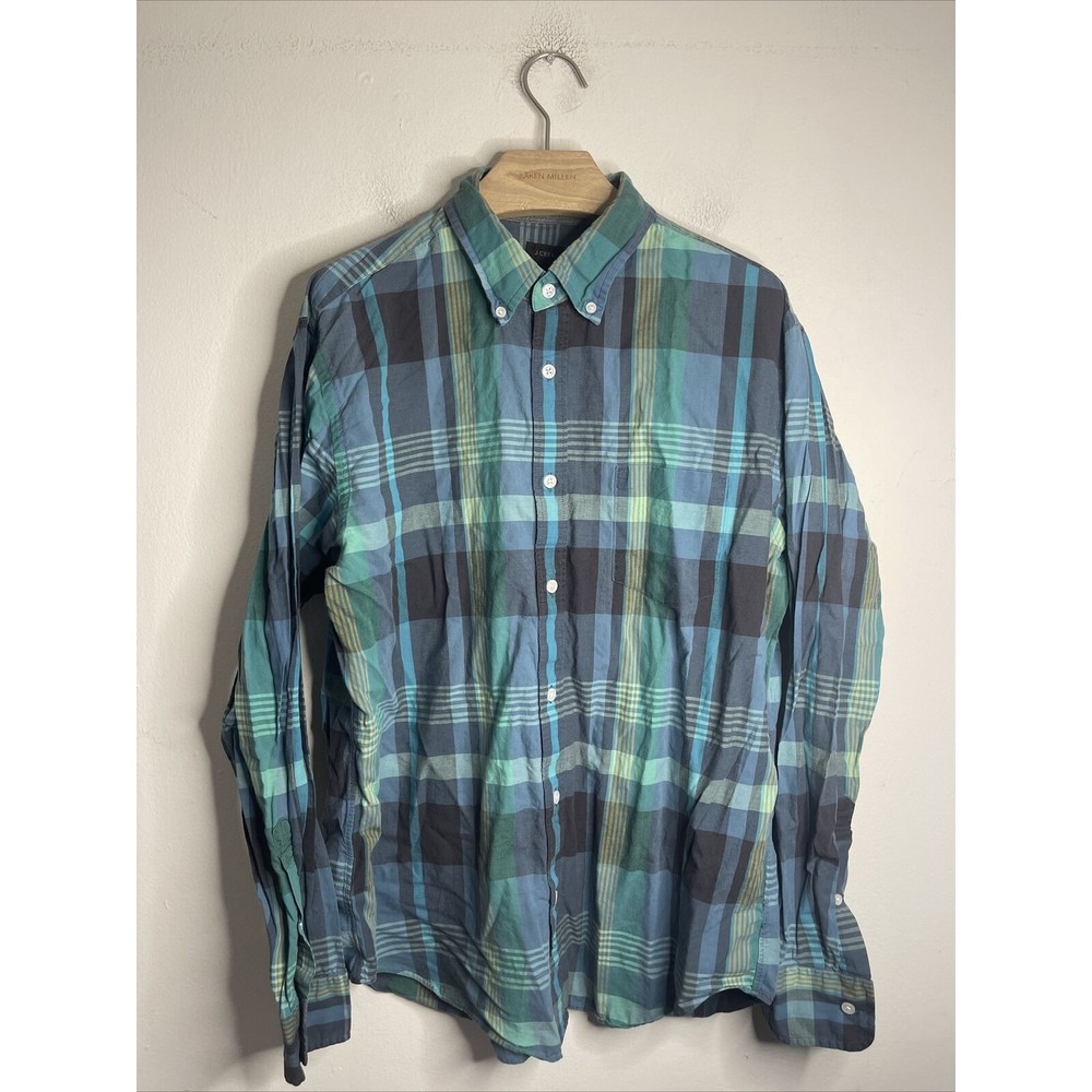 J Crew Shirt Men Large Blue Plaid Button Long Sleeve Lightweight Plaid